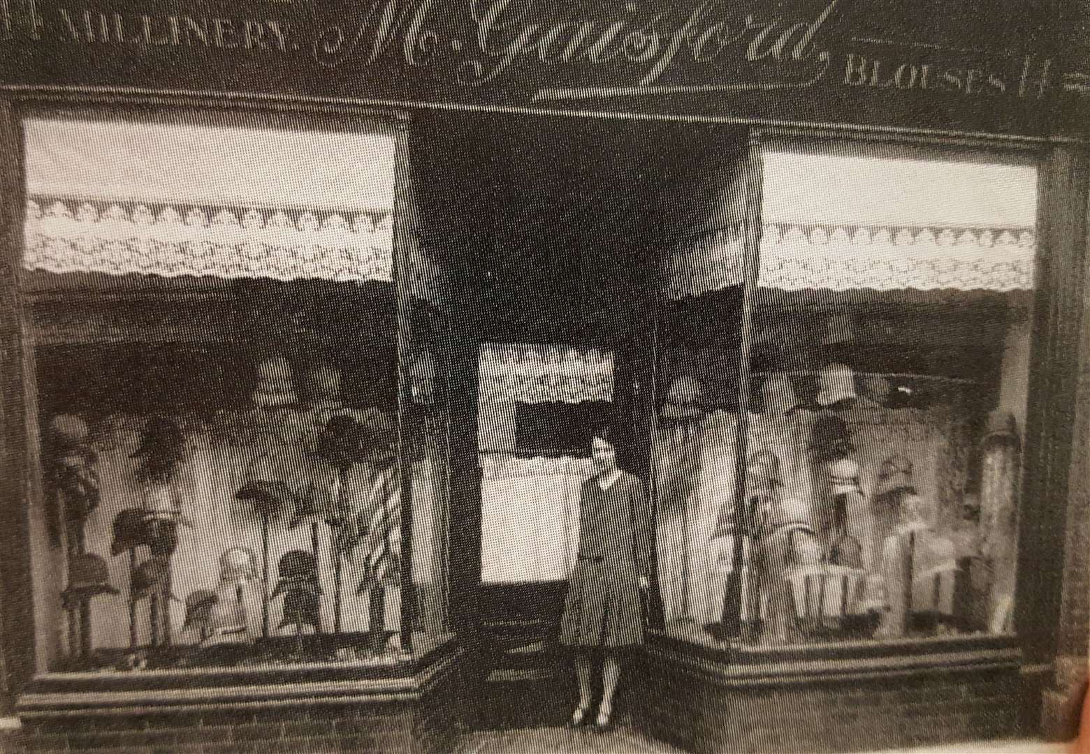 Mabel Gaisford in the doorway of her shop in Broadway, Sheerness, in the 1920s