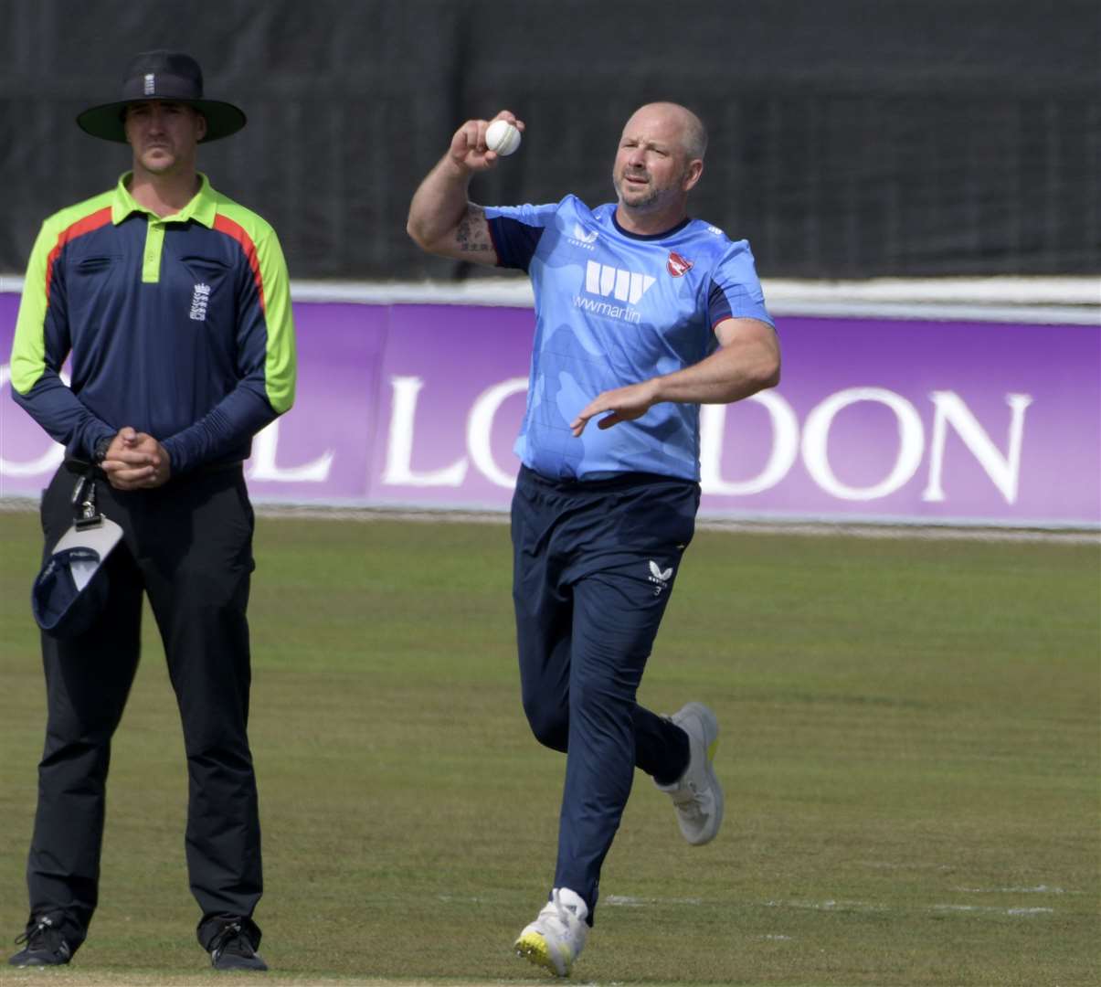 Darren Stevens bowling as he made what could be his final white-ball appearance for Kent at home against Lancashire in Canterbury. Picture: Barry Goodwin
