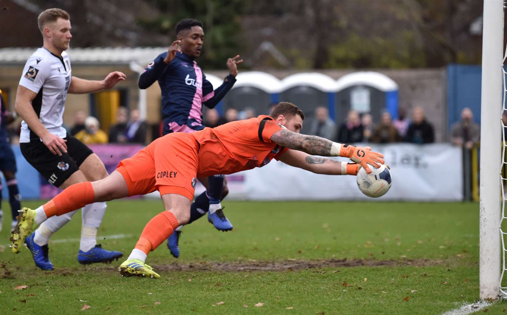 Dartford keeper Mark Smith recovers to save at the second attempt against Dulwich. Picture: Keith Gillard