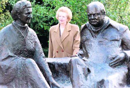 Baroness Thatcher admires the statue of Churchill and his wife Clemantine in the grounds of Chartwell, the home of Sir Winston Churchill in 1992