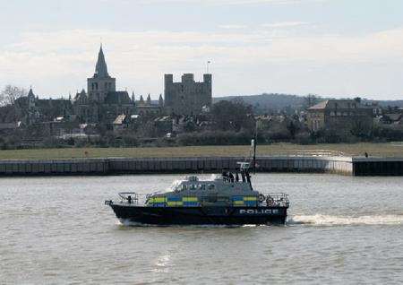 Kent Police boat on the River Medway amid a huge search for missing soldier Josh Thomas