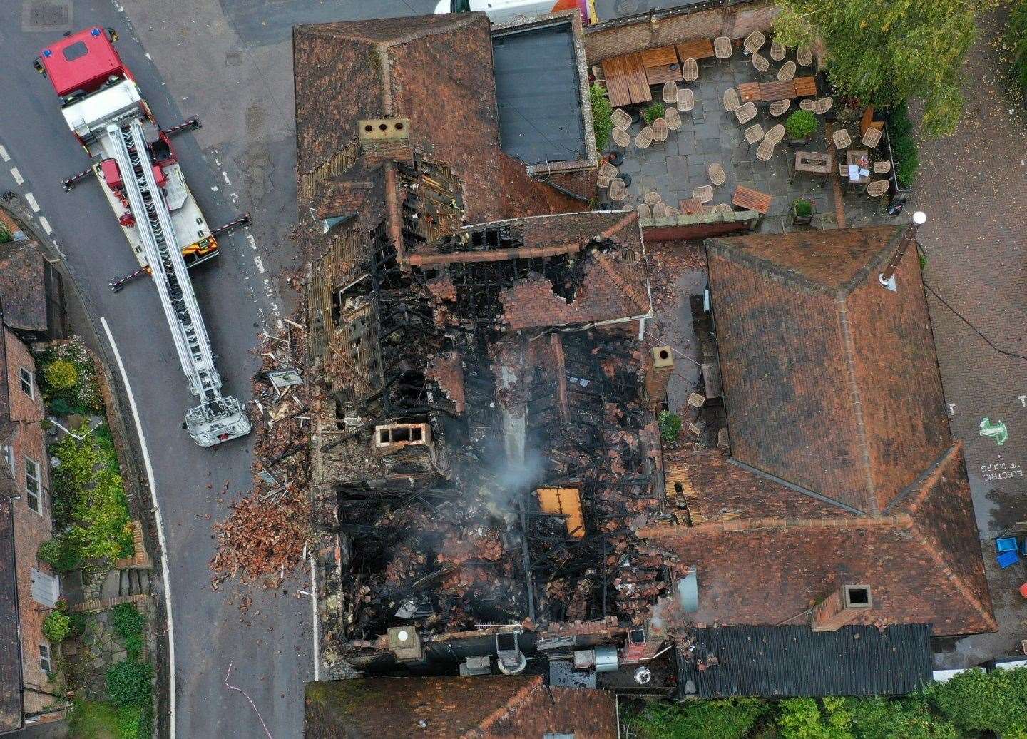Drone pictures show the extent of the devastation after the fire at The Dirty Habit pub in Hollingbourne. Picture: UKNIP