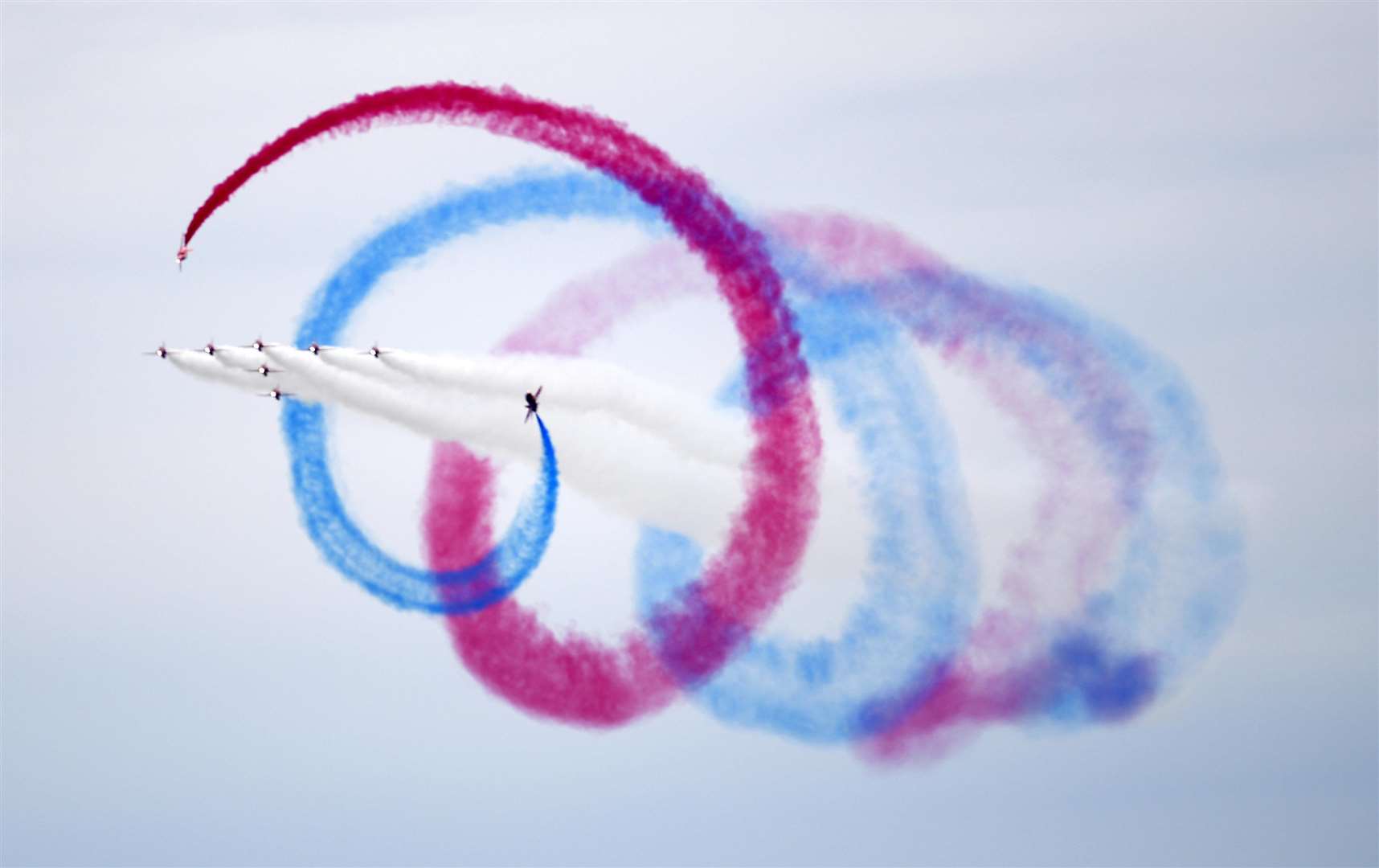 The Red Arrows display team over The Leas, folkestone, Sunday 22nd July, during the Folkestone air show. Picture: Barry Goodwin (3213533)