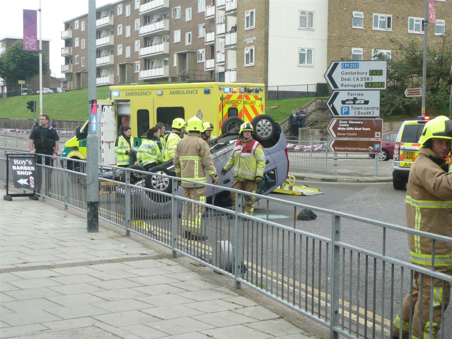 The scene of a crash at York Street, Dover, when a car overturned just a couple of hours before the torchbearer was due. Pic: Graham Tutthill