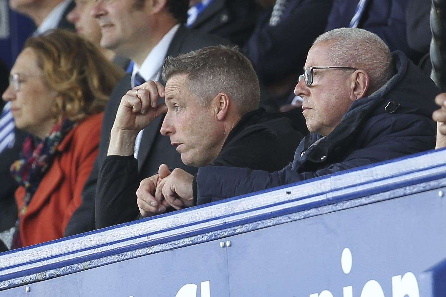 Neil Harris and Paul Scally sit watching the recent game at Portsmouth. Picture: KPI