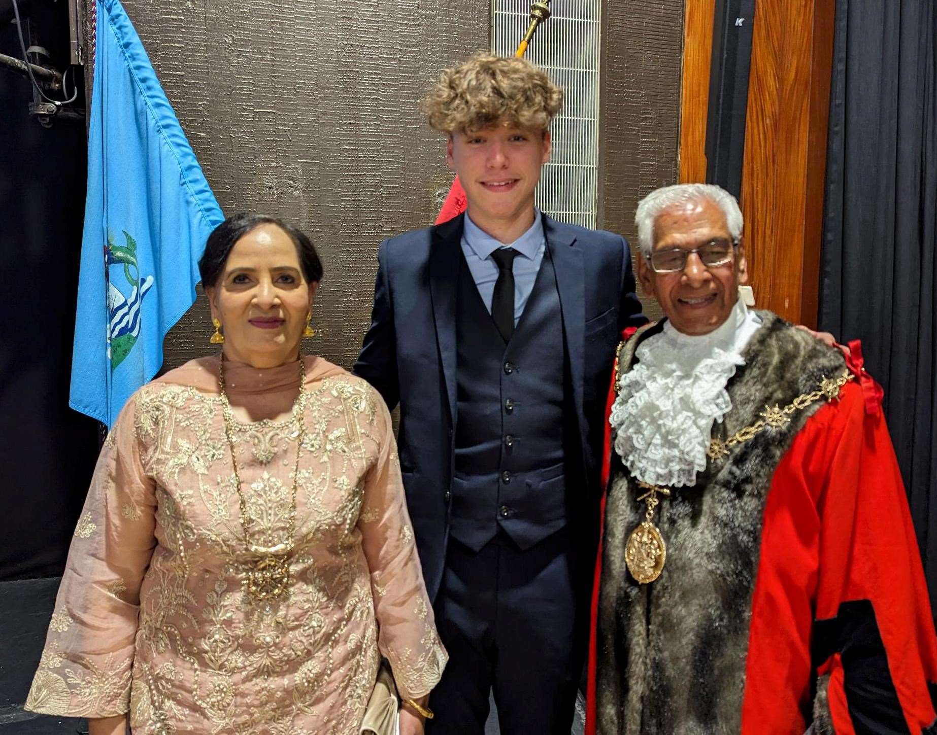 Maxime Carolan with the new Mayor and Mayoress of Gravesham, Cllr Gurdip Ram Bungar, right, and Nanjo Bungar