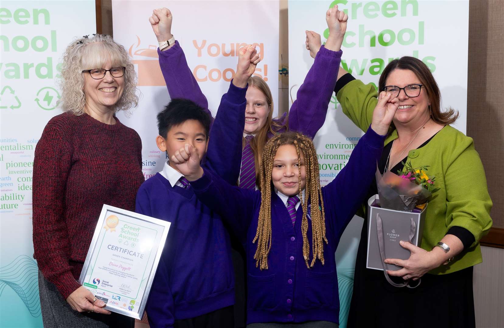 Green Champion winner Elaine Paggett and students from Goat Lees Primary School celebrating their awards. Picture: SEK Social Enterprise Kent
