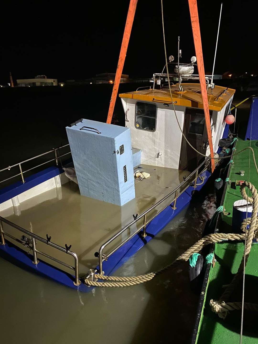 The sunk Gypsy Lea fishing boat owned by Terry Smith, 69, of Sittingbourne is salvaged by Lee Dixon, 50, of Whitstable Marine Services and his £1.9m Liftmoor floating crane. Picture: Whitstable Marine Services