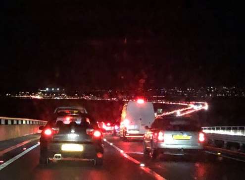 Traffic queuing along the Sheppey Crossing Monday night. Picture D&A Customs