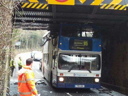 A Stagecoach bus crashed into Kearsney station bridge near Dover. Picture by Stephen Davies