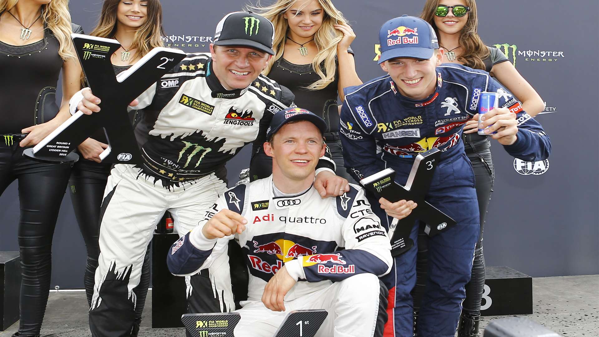 The 2016 podium: Petter Solberg, Mattias Ekstrom and Timmy Hansen. Picture: Matt Bristow