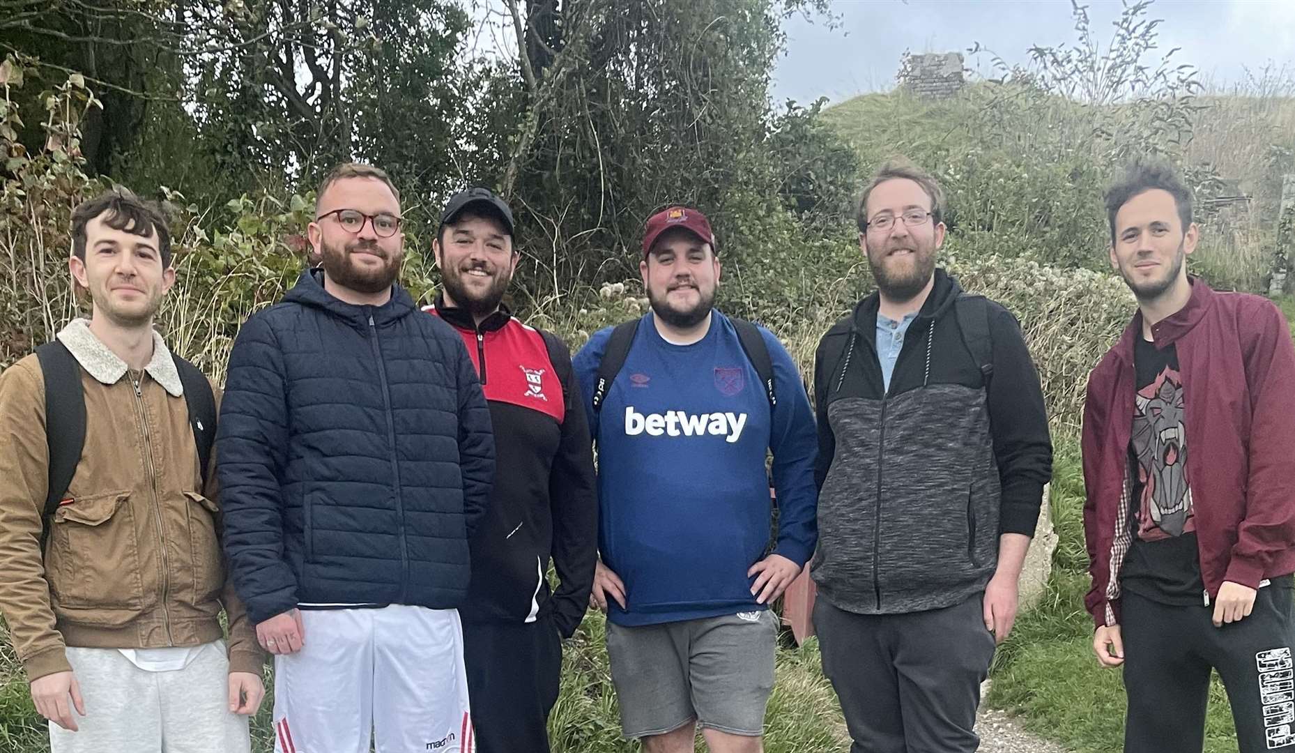 Six of the seven walkers pictured. Alex Fagan, Patrick Verrill, Issack McIntyre, Jon Tinker, Carl Deary and Charlie Mattinson. Picture: Patrick Verrill