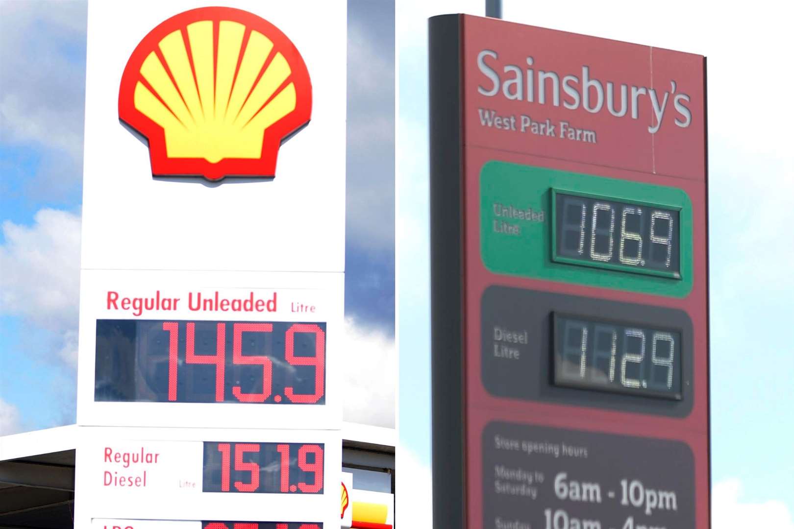 Shell vs Sainsbury's fuel prices. Pics: Barry Goodwin