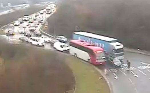 Traffic at the Taddington Roundabout following a collision. Picture from KCC Highways