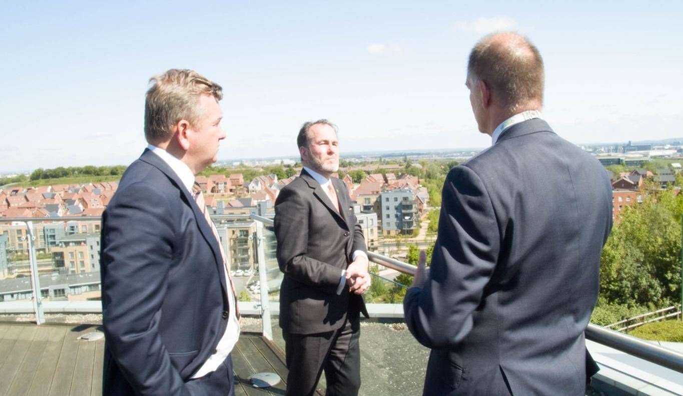 Housing Minister Christopher Pincher, pictured centre, with left Ebbsfleet Development Corporation chair Simon Dudley, and right, its chief executive Ian Piper