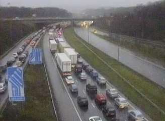 Traffic queuing on the M2 London bound between junction 3, for Chatham, and 2, for Strood.