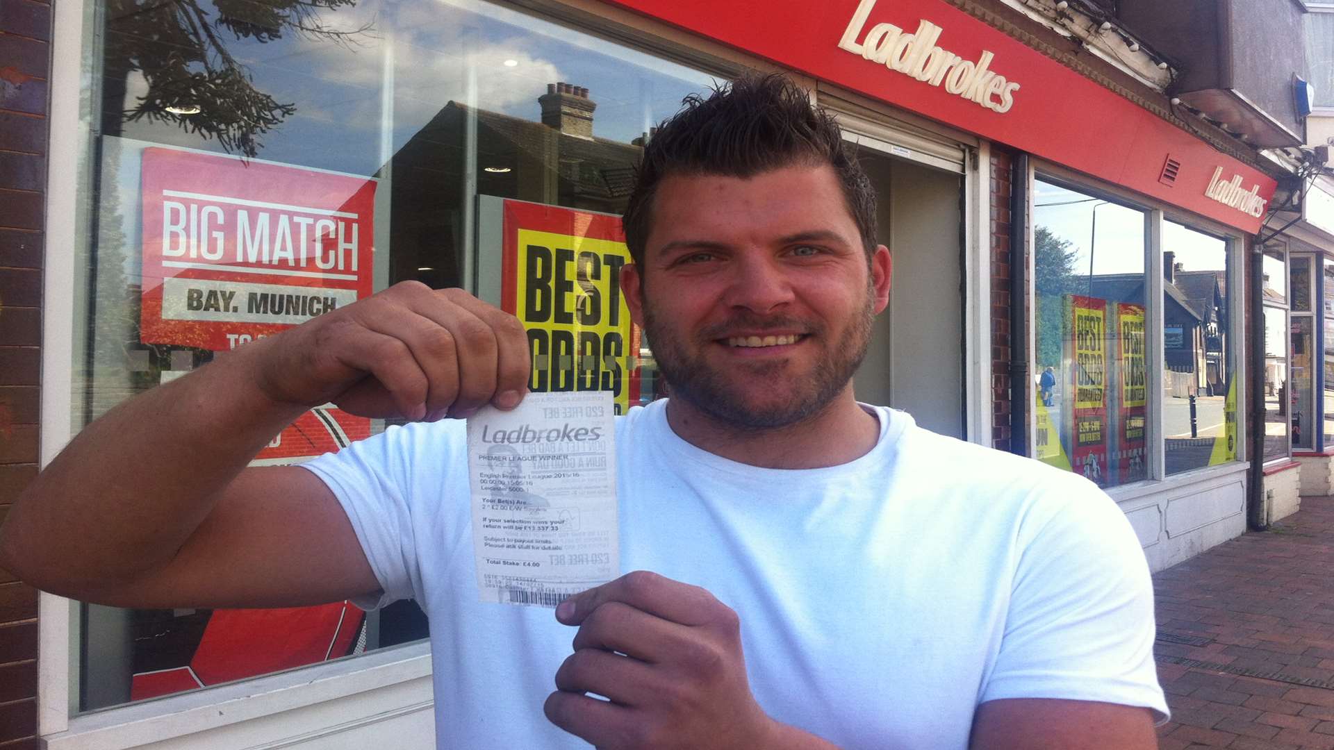 Billy Bleach with his betting slip outside the shop where he placed his bet