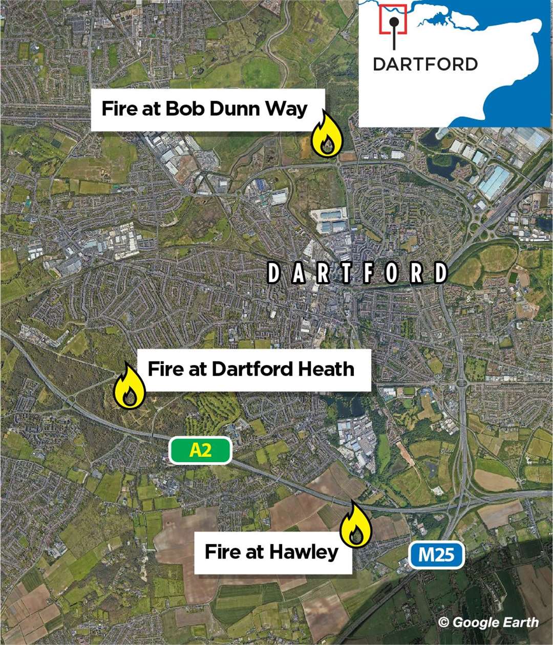 Fire crews have been battling three fires in Dartford at Bob Dunn Way, Hawley and Dartford Heath