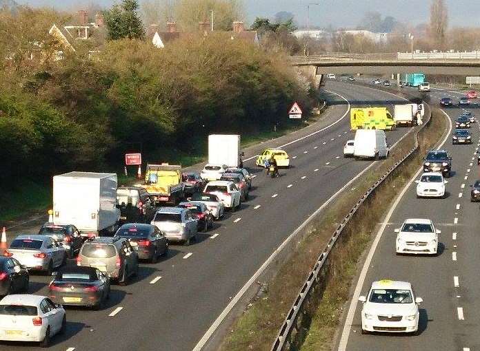 Delays on the M20 after a crash. Picture: Lee James