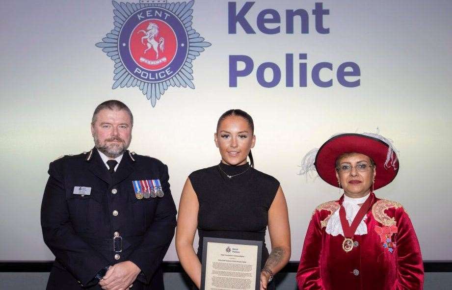 Award winner Georgia English with Chief Constable Tim Smith and the High Sheriff of Kent, Nadra Ahmed. Picture: Kent Police