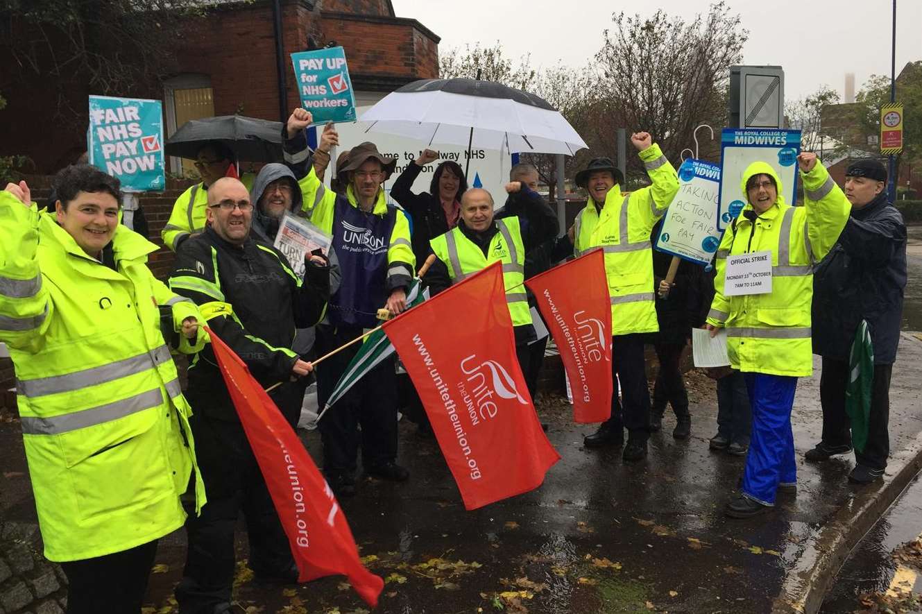 The picket line outside Medway Maritime Hospital last Monday. Picture: Lizzie Massey.