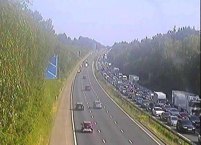 All traffic has been stopped on the coastbound carriageway of the M20 between junction 8 and 9. Picture: KCC Highways