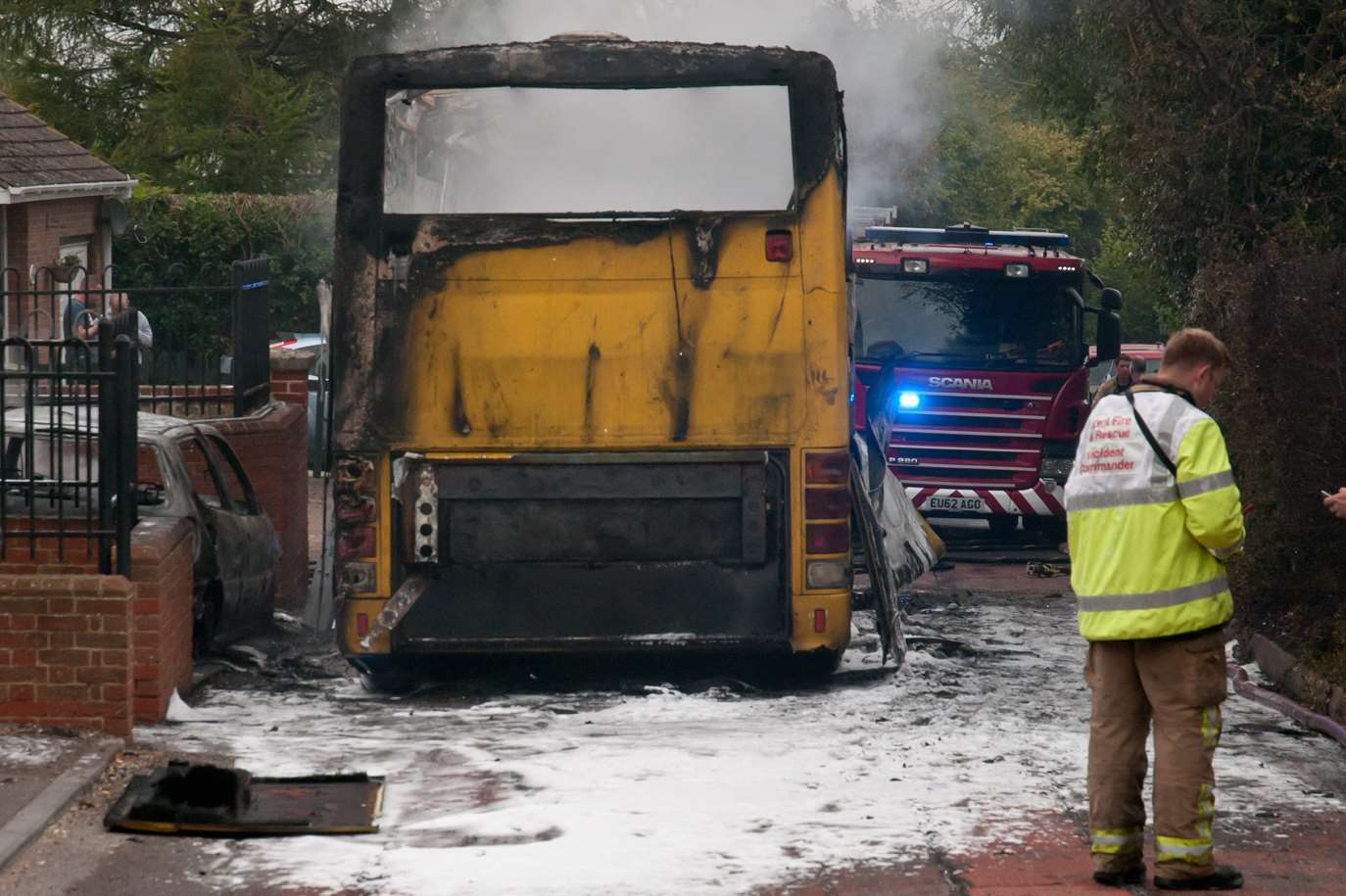Emergency services at the scene of the dramatic coach blaze. Picture: Andy Flood