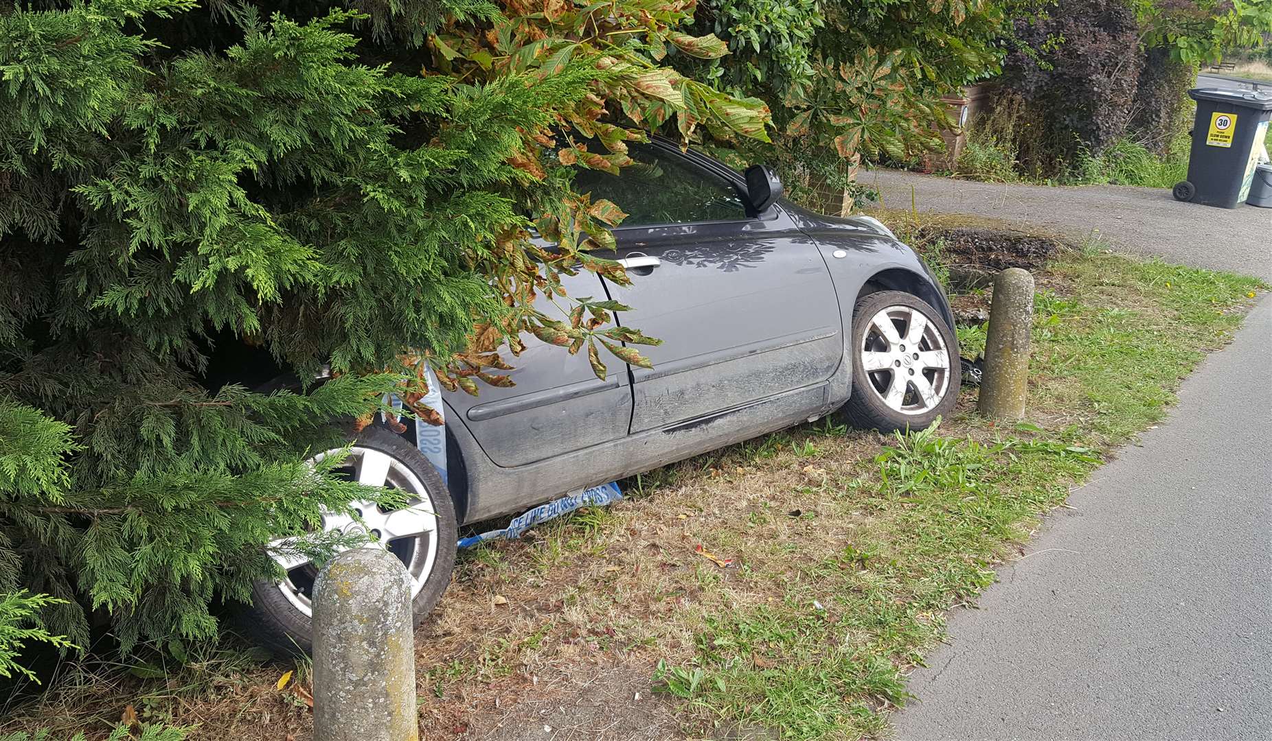 The crashed Nissan Micra in Chestfield Road