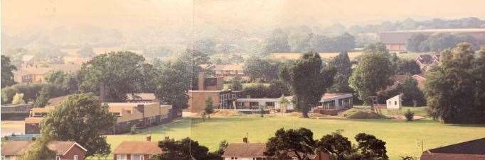 An image of the new school taken from the church tower, before the main school building was added in 1988