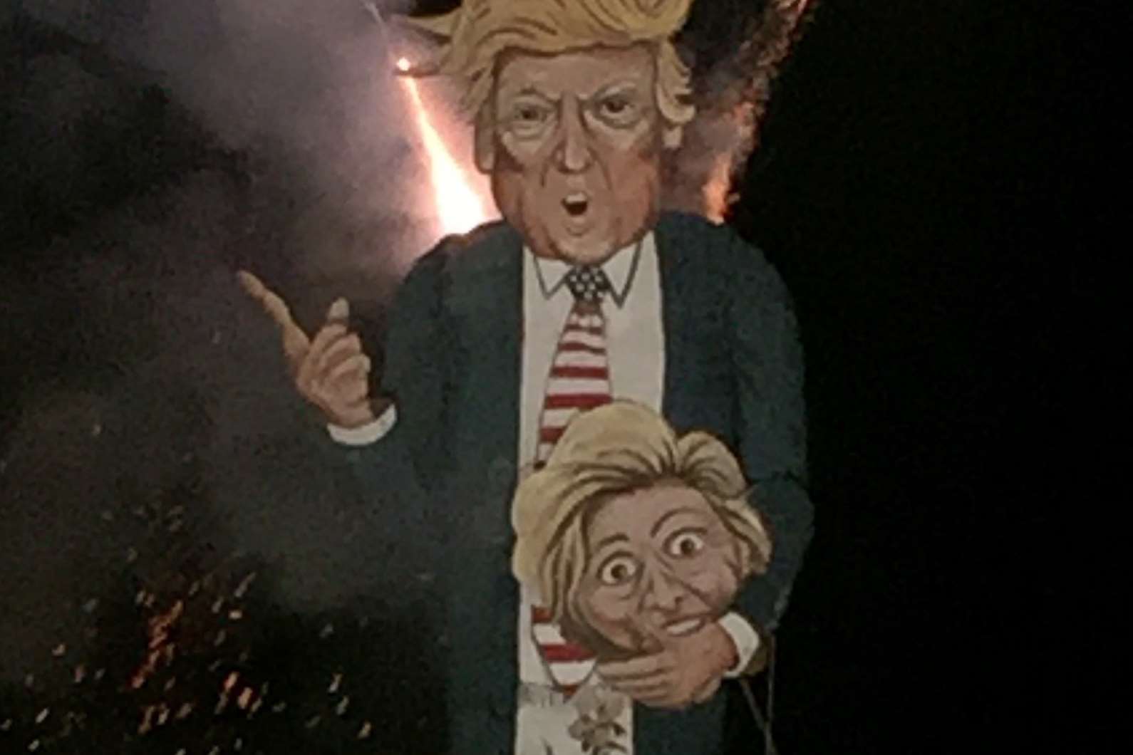An effigy of Donald Trump goes up in flames at the Edenbridge Bonfire Society's firework night