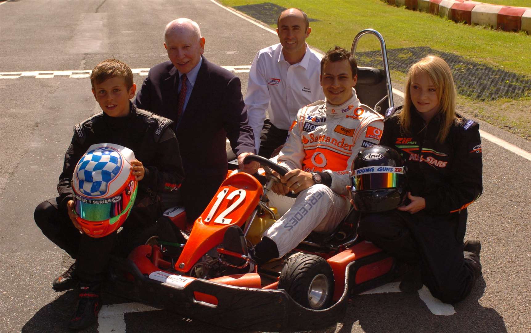 From left to right, Harrison Scott, Surtees, triple Le Mans class winner David Brabham, then-McLaren F1 tester Gary Paffett and Jessica Hawkins in June 2008. Scott, the 2017 Euroformula Open champion, now works with Malvern at the Kokoro Performance company while Hawkins, a W Series racer, made her British Touring Car Championship debut last year. Picture: Steve Crispe