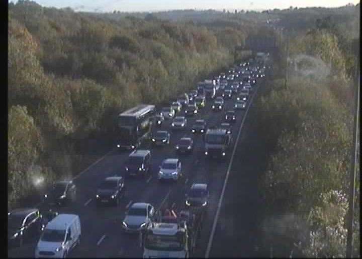 There are delays of more than an hour and traffic is stretching back for around six miles before Cobham services. Picture: Highways England