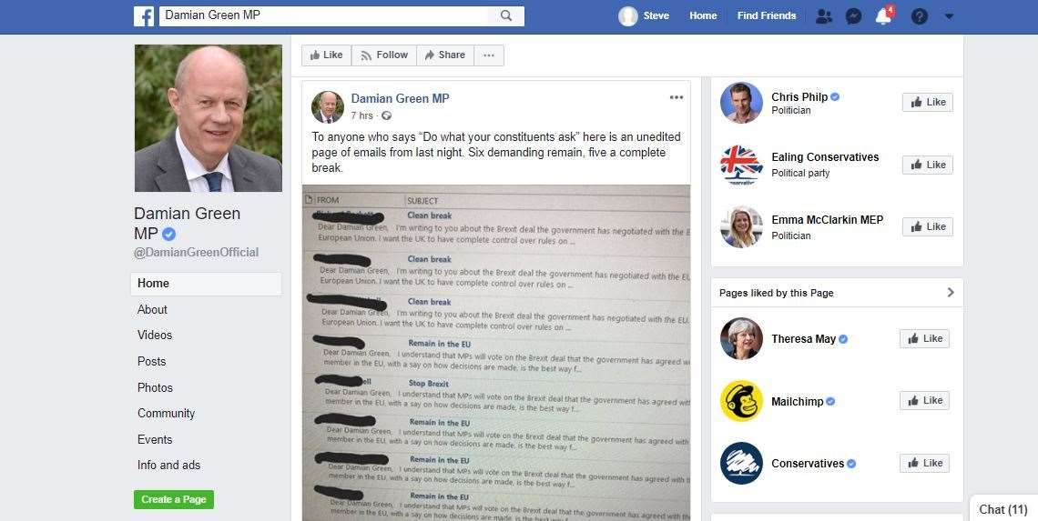 Damian Green's Facebook page showing constituents' views on Brexit (5724085)