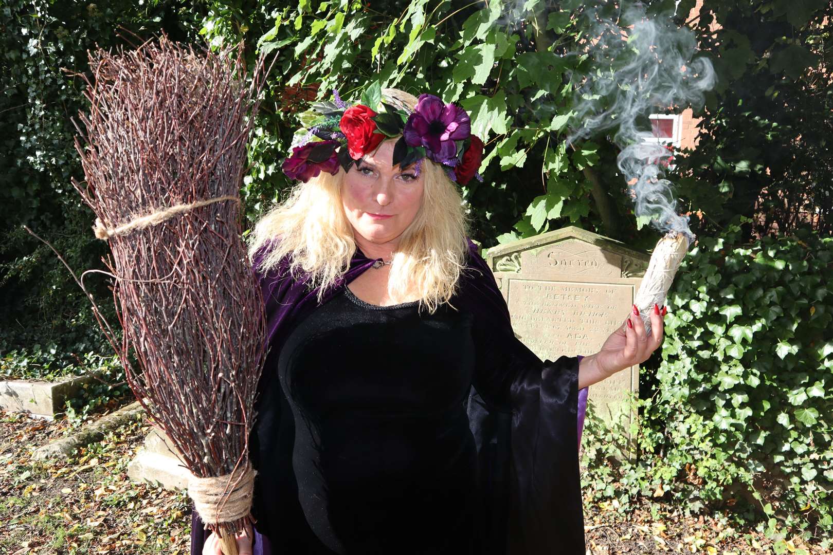 Sheppey white witch Charlotte Clark in a graveyard near her home in Minster preparing for Halloween. Picture: John Nurden