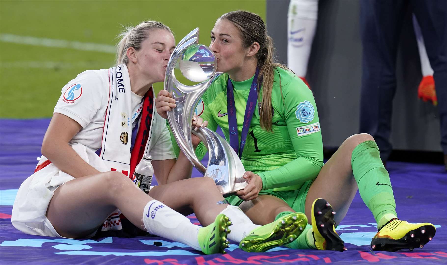 England's Alessia Russo and goalkeeper Mary Earps celebrate winning the Euros last summer - will they have their hands on the World Cup on Sunday? Picture: PA Wire