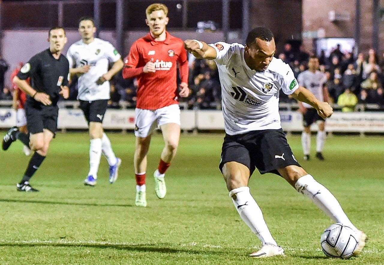 New signing Marcus Dinanga gets a shot in for Dartford against Ebbsfleet. Picture: Dave Budden (54630033)