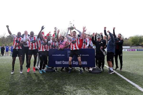 Sheppey United clinch the Kent Senior Trophy for the second time this year Picture: PSP Images