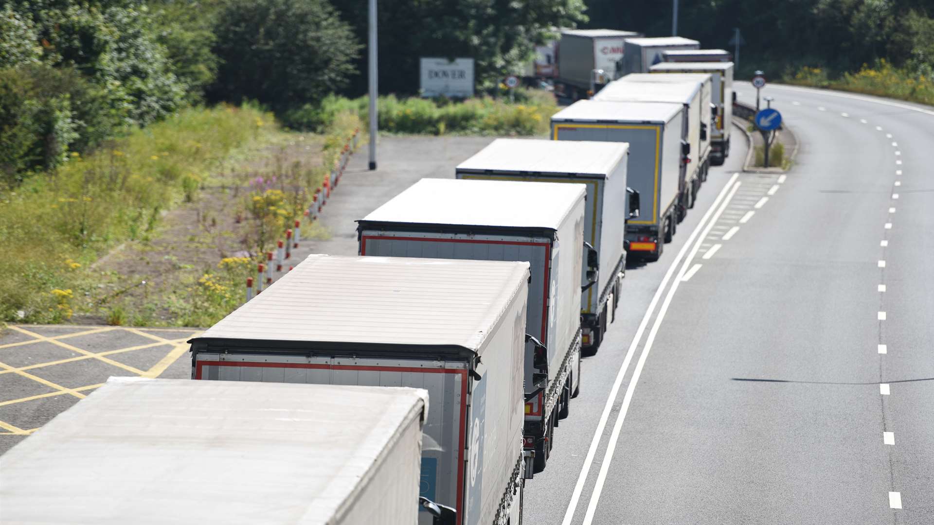 A long queue of lorries at Jubilee Way, Dover, during the weekend's port traffic delays.