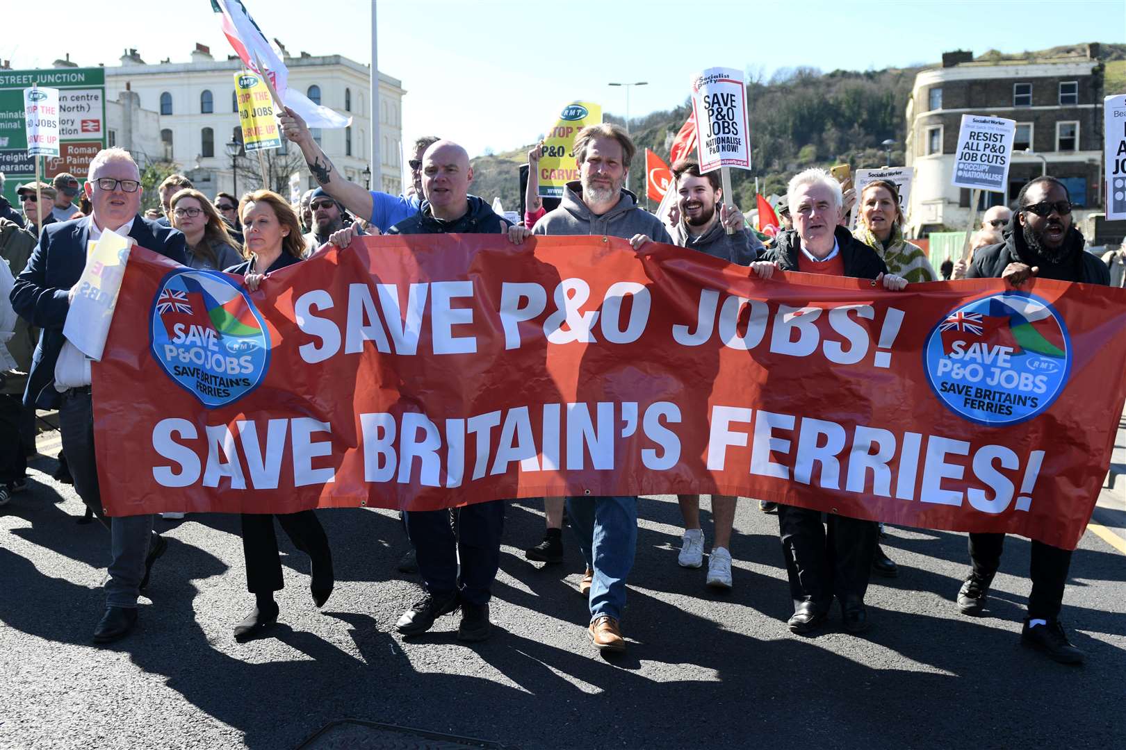There were chants of "seize the ships" as the group marched down the A20 led by union bosses and MP Natalie Elphicke. Picture: Barry Goodwin