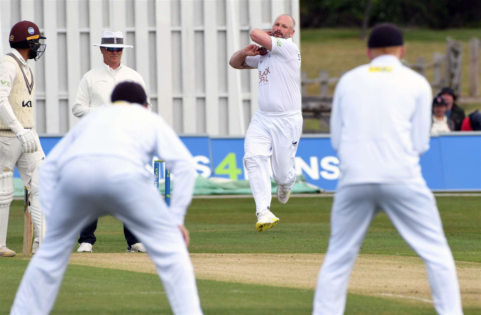 Darren Stevens took the wicket of Ollie Pope with the Surrey batsman just four runs short of a century. Picture: Barry Goodwin