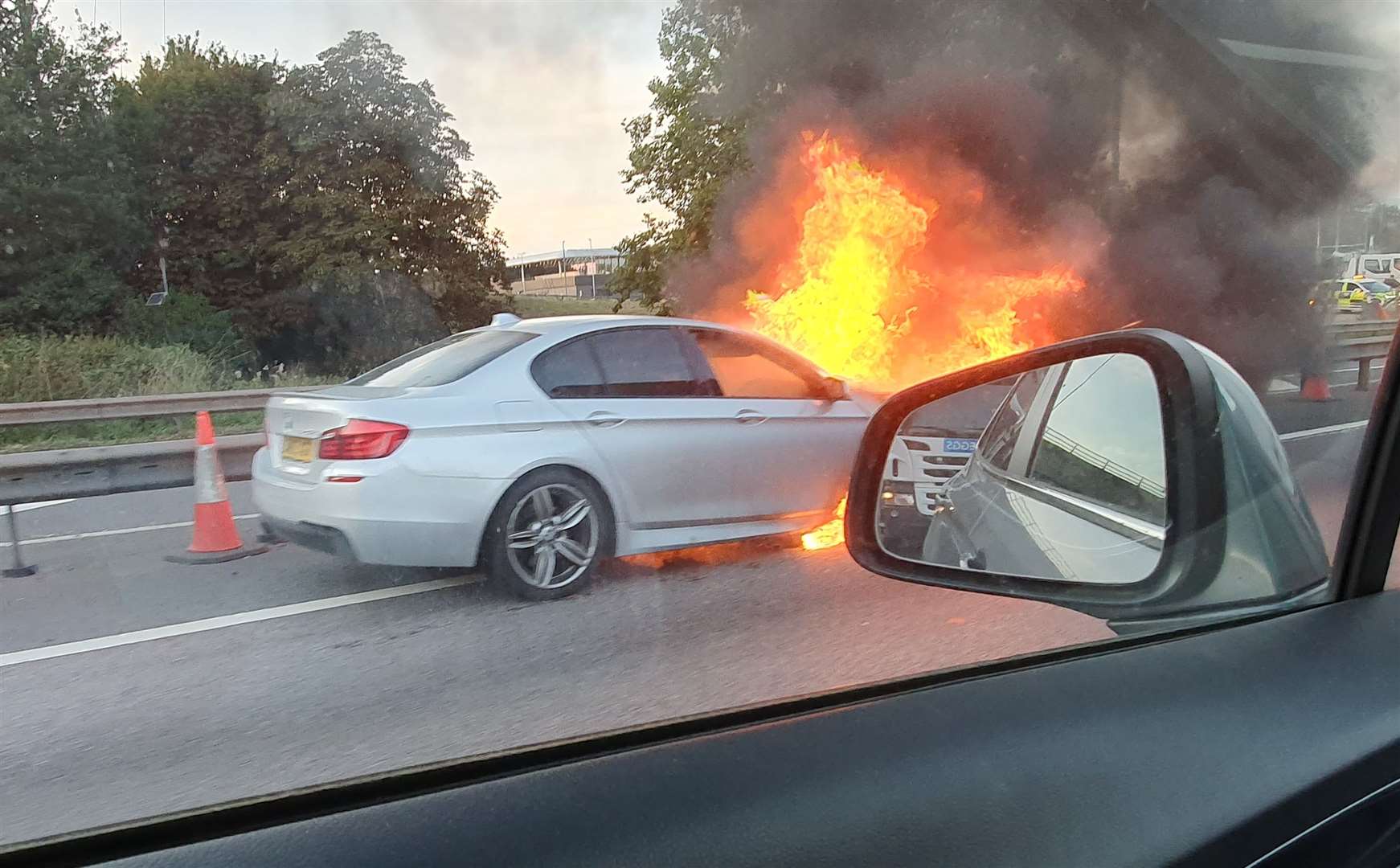 The car on fire which led to the closure of one of the Dartford tunnels. Picture: Sarah Goodman