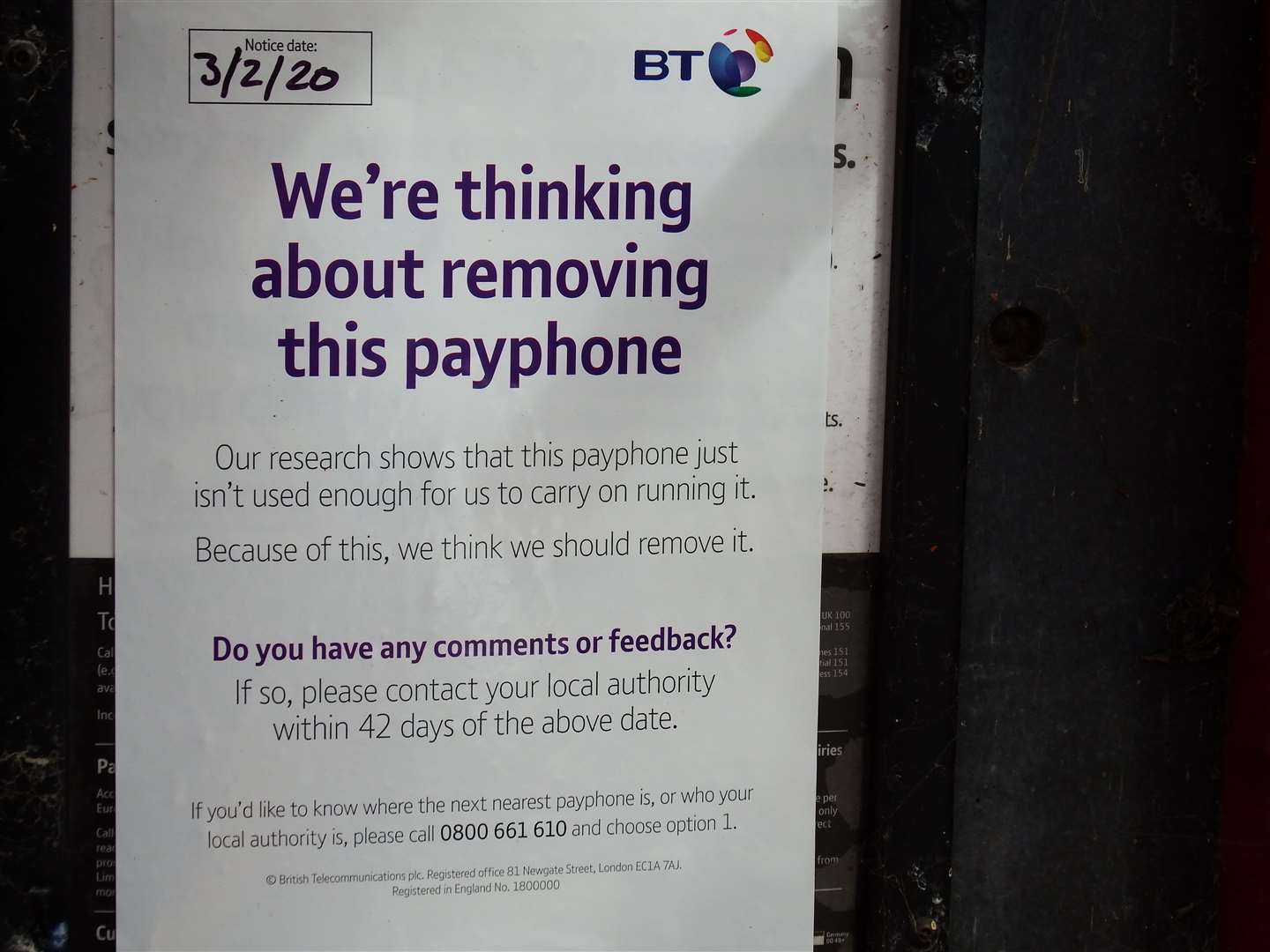 BT are asking for feedback about the removal of the phone