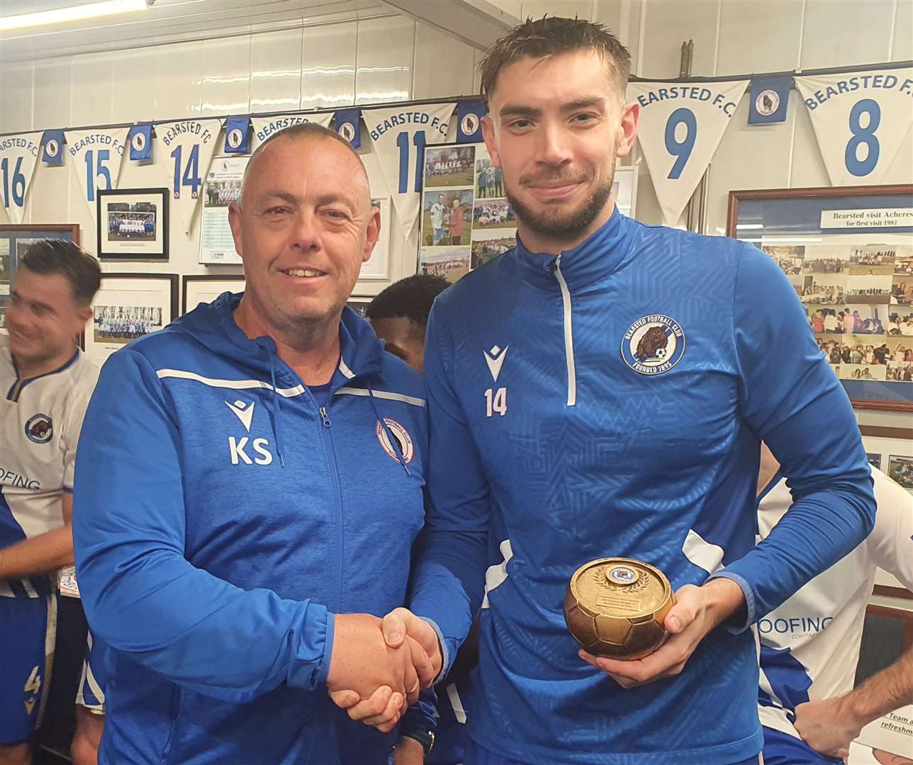 Manager Kevin Stevens, being presented with a memento by captain Ryan Blake, first took charge of the club’s first team in 2013