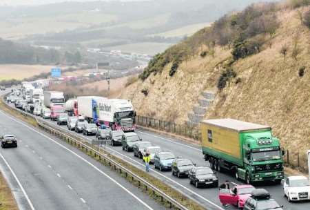 Traffic queuing on the A20 towards Dover on Saturday. Picture: Terry Scott