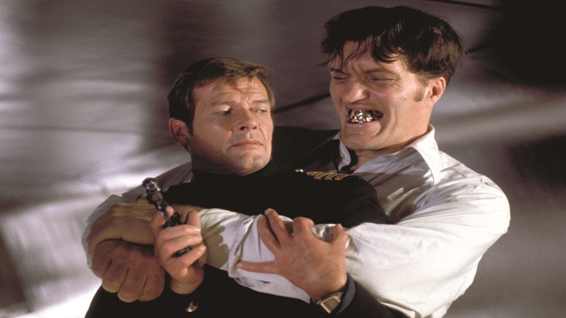 Richard Kiel as Jaws was voted the best Bond villain in a recent poll, seen with Roger Moore as Bond, taken from Bond on Bond by Roger Moore c. 1962-2012 Danjaq LLC and United Artists Corporation, All Rights Reserved
