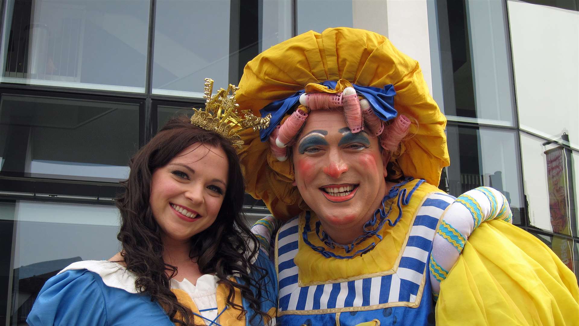 Ben Roddy as Dame Trott and Gemma Sutton as the Princess in Jack and the Beanstalk