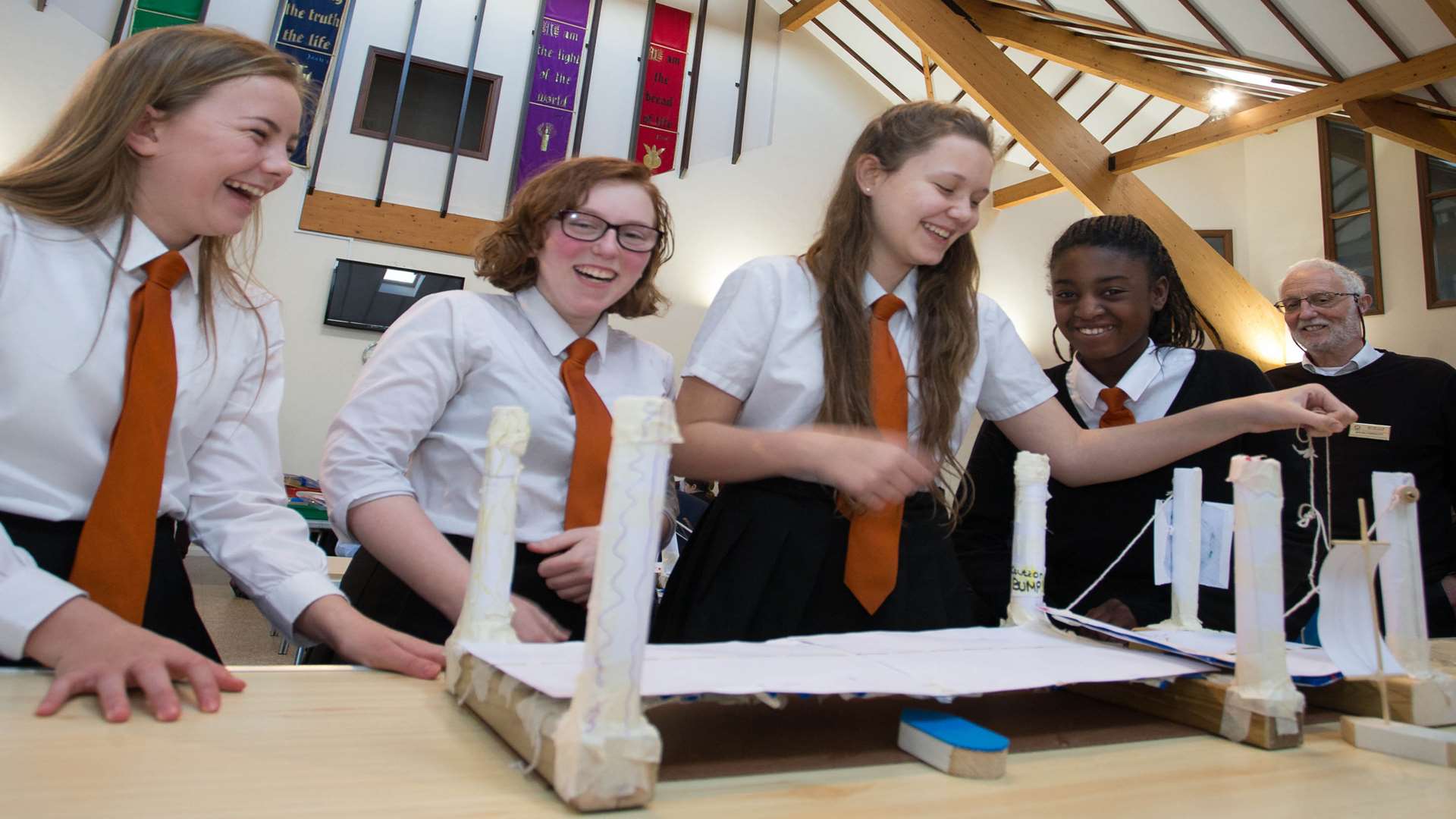 Pupils from Northfleet School for Girls design a bridge during a Rotary Technology Tournament