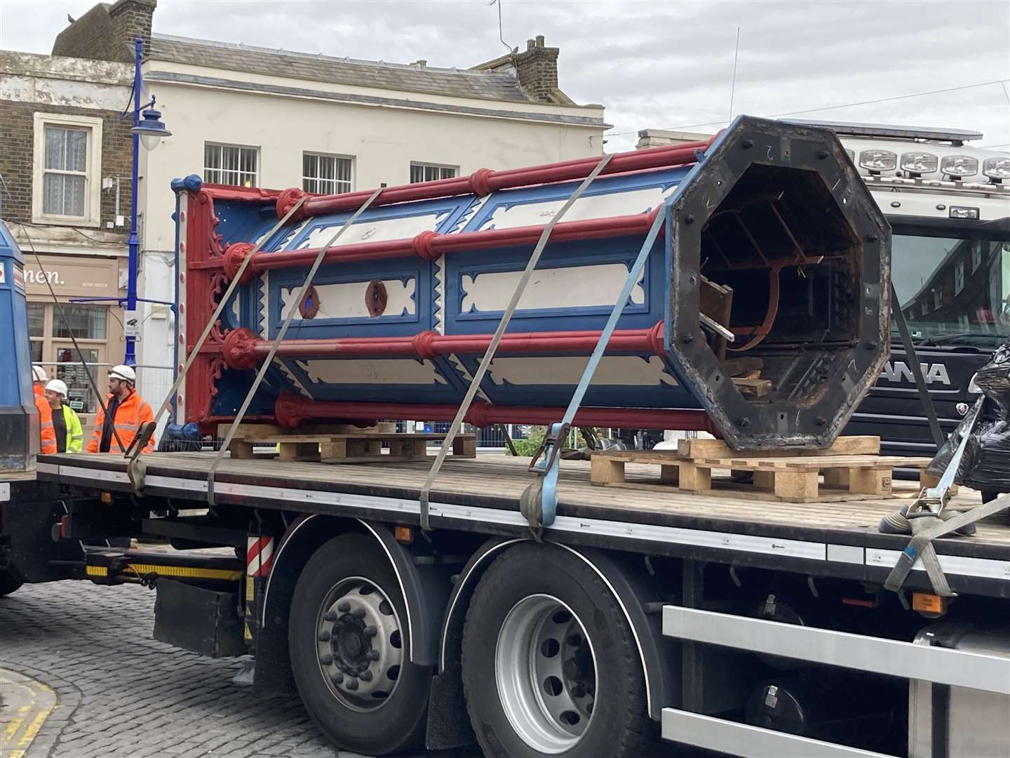 Sheerness clock tower leaves the town on low loader for its restoration. Picture: John Nurden