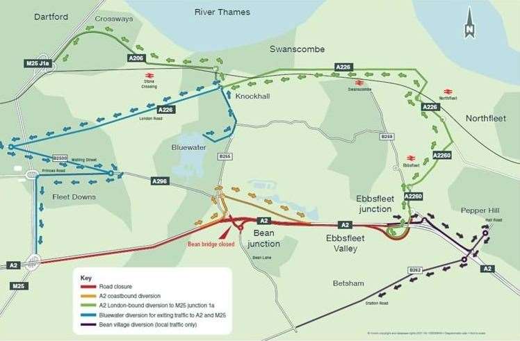 Official diversion routes set by Highways England as part of new bridge over A2 at Bean being installed in major upgrade to A2 network near Bluewater.