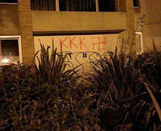 The offensive graffiti sprayed on Eliot College which has now been removed (5362574)